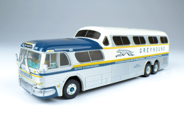 1954 GMC PD4501 Scenicruiser Bus - Assembled -- Greyhound (1960 Scheme; silver, white, blue, gold; Destination: San Francisc