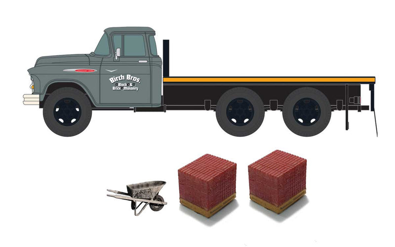 1957 Chevrolet Flatbed Truck with Brick Load - Assembled - Mini Metals(R) -- Birch Bros. (gray, black, yellow)