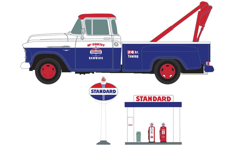 1955 Chevy Tow Truck with Station Sign, Gas Pump Island - Assembled -- Standard (red, blue, white)