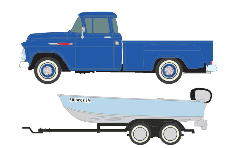1957 Chevy Step-Side Pickup Truck with Fishing Boat and Trailer - Assembled -- Dawn Blue