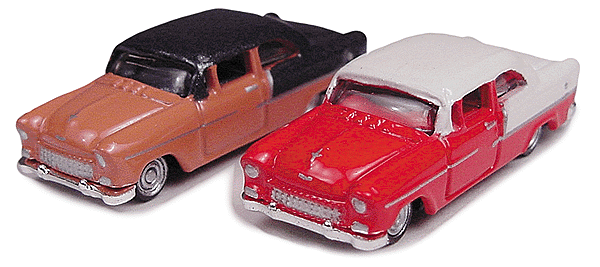 Mini Metals American Autos - Chevrolet (Diecast, Assembled & Painted; pkg(2) -- 1955 Belair 2-Door Hardtop (red/cream & Coral/Dark Grey Metallic)
