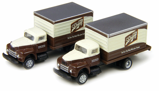 1953 IH R-190 Delivery Truck 2-Pack - Assembled - Mini Metals(R) -- Schlitz Brewing (Brown, cream)