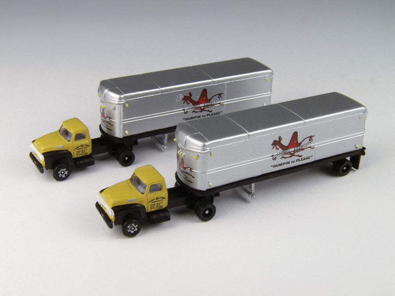 1954 Ford Tractor & 32' Aerovan Trailer 2-Pack - Assembled - Mini Metals -- Campbell Express (yellow, black, silver; Camel Logo, Humpin' Slogan)-1