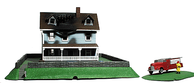 Remote Control Burning House w/Motor, Pump, Lights & Smoke -- Blue House w/White Trim