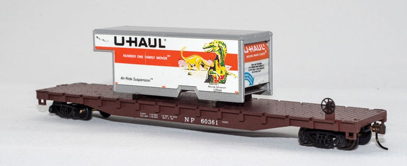 54' Flatcar w/U-Haul Truck Body Load - Ready to Run -- Northern Pacific #60361 (Boxcar Red w/Utah Body)