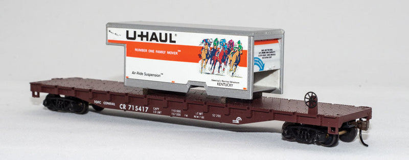 54' Flatcar w/U-Haul Truck Body Load - Ready to Run -- Conrail #72143 (Boxcar Red w/Kentucky Body)