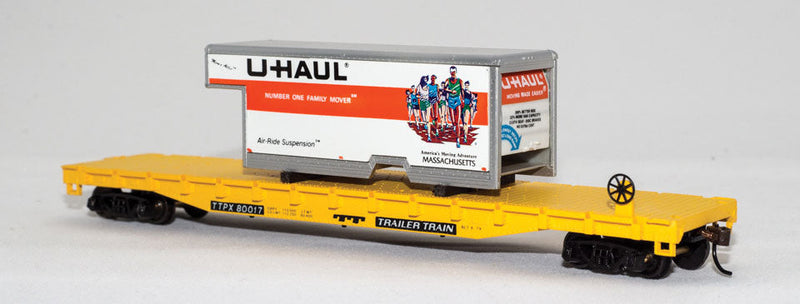 54' Flatcar w/U-Haul Truck Body Load - Ready to Run -- Trailer-Train #80017 (yellow, black w/Massachusetts Body)