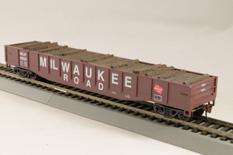 Steel Gondola w/Half Tie Load - Ready to Run -- Milwaukee Road #2 (Boxcar Red, white; Billboard Lettering, TMR Logo)