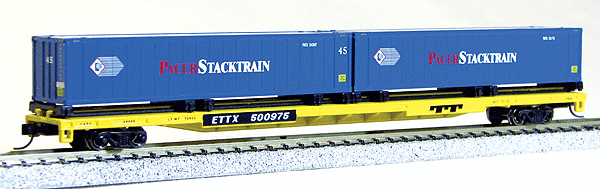 89' Flatcar w/2 Containers - Ready to Run -- Trailer-Train Flat (yellow, black), Pacer Stacktrain Containers (blue)