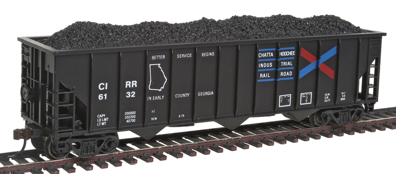 Greenville 100-Ton 12-Panel 3-Bay Hopper - Ready to Run -- Chattahoochee Industrial Railroad #6132 (black, white, red, blue)-1