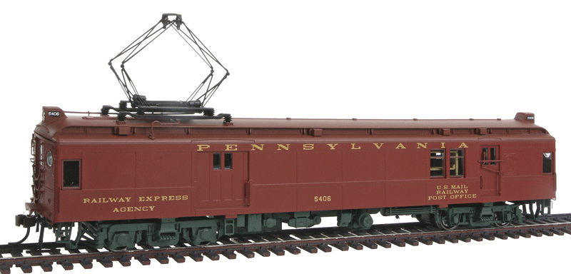 Electric Powered mP54 MU Baggage-Mail w/Pantograph - Standard DC -- Pennsylvania Railroad (Pre-War Light Tuscan, Boxcar Red Roof, olive Trucks)