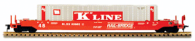125-Ton Gunderson Container Car w/48' Container - Assembled w/Ez-Mate Couplers -- Rail Bridge #RLBX 53602 w/K Line Container #KLFU 4339201