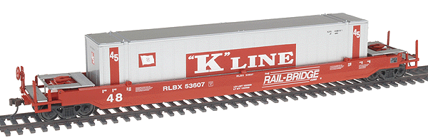 125-Ton Gunderson Container Car w/48' Container - Assembled w/Ez-Mate Couplers -- Rail Bridge #RLBX 53607 w/K Line Container #KLFU 4338161