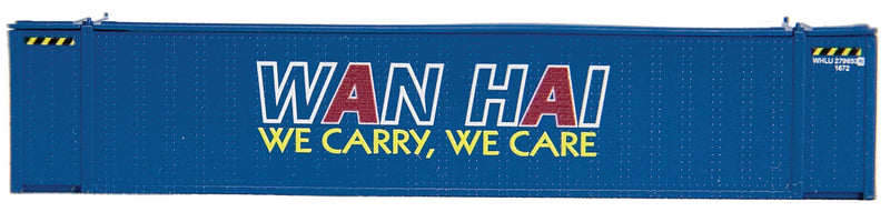 48' Container 2-Pack - Ready to Run -- Wan Hai Set #1 (blue, red, white, We Carry, We Care Slogan)