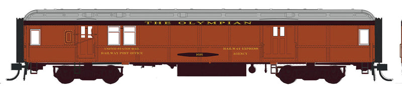 Heavyweight 65' Branchline Baggage/Railway Post Office w/Lights - Ready to Run -- Milwaukee Road #1616 (Olympian, orange, maroon, gray)