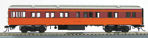 Heavyweight 65' Branchline Solarium-Observation w/Lights - Ready to Run -- Milwaukee Road (Hiawatha, orange, maroon, gray)