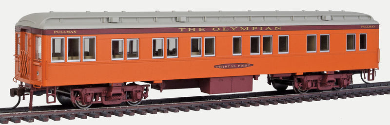Heavyweight 65' Branchline Solarium-Observation w/Lights - Ready to Run -- Milwaukee Road Crystal Point (Olympian, orange, maroon, gray)