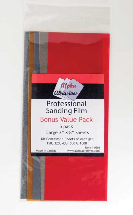 Professional Sanding Film 3 x 8"  7.6 x 20.3cm Sheets -- Includes: 1 Each 150, 320, 480, 600 and 1000 Grit