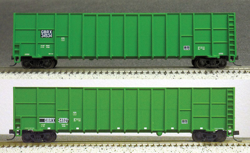 Gunderson Deep-Rib Wood Chip Gondola 2-Pack - Ready to Run -- Greenbrier Leasing GBRX #34527, 34534 (Ex-BN Car, Cascade Green)