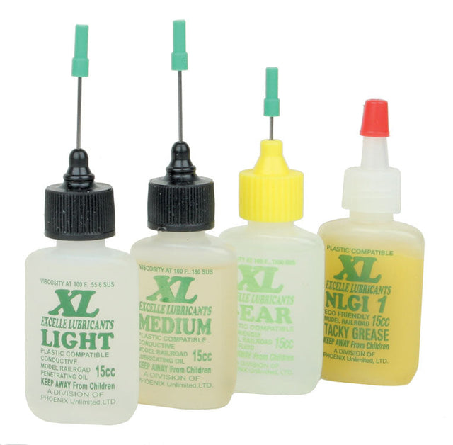 XL Lube Kit for HO & S Scales -- One 1/2oz  14.8mL Bottle Each: Light, Medium, Gear & NLGI Grease 1