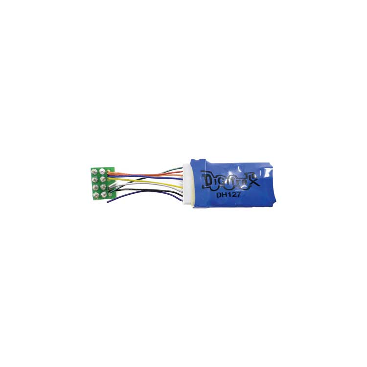 DH127PS Series 7 Mobile DCC Control Decoder -- 8-Pin Med Plug, 9-Pin Socket & PS-Harness 1A/2A, 2 FX7 Functions, 1.2" Wire