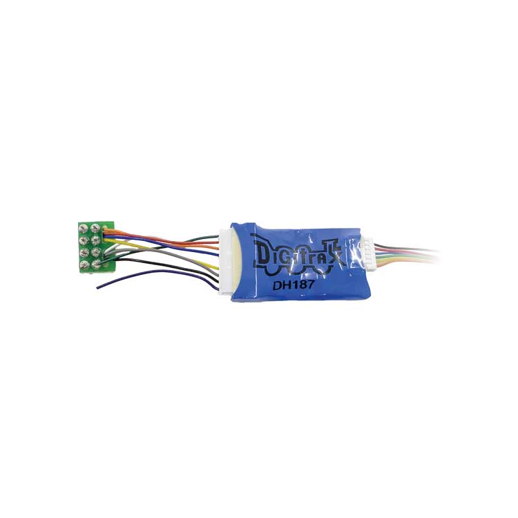 DH187D Series 7 Mobile DCC Control Decoder -- 8-Pin Med Plug, 9-Pin Socket & PS-Harness 1A/2A, 2 FX7 Functions, 1.2" Wire