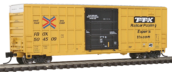 Trinity 50' Hy-Cube Plug-Door Boxcar - Ready to Run -- TTX FBOX #504509 (yellow, black, blue, red, Next Load, Any Road Logo)