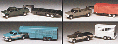 Farm Country Pick-Up Truck -- 3 Ea. Ford w/Horse & Livestock & 3 ea GMC w/Grain & Flat-Bed Trailers
