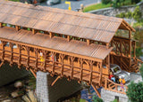 Covered Wooden Railway Bridge with Stone Approaches/Abutments -- Kit - 15-9/16 x 3-1/8 x 4-3/4" 38.5 x 8 x 12cm-3