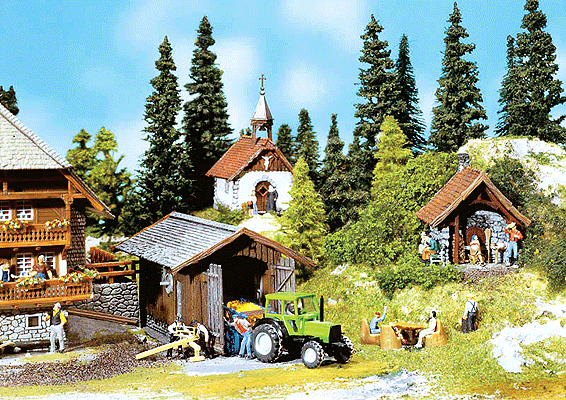 Bakehouse, Chapel, Utility Shed - Painted/Weathered Models -- 6.9 x 5.2 x 5.5cm; 5.4 x 5.1 x 9.1cm; 11.2 x 8.3 x 5.8cm