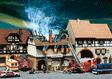 Burnt-down Zur Sonne Restaurant -- 5-3/8 x 4-11/16 x 4-11/16"  13.6 x 11.9 x 11.9cm