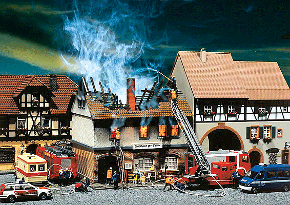 Burnt-down Zur Sonne Restaurant -- 5-3/8 x 4-11/16 x 4-11/16"  13.6 x 11.9 x 11.9cm