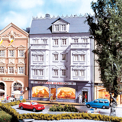 Pizzeria Alfredo Townhouse - Painted/Weathered Model -- 5-11/16 x 4-13/16 x 8-1/16"  14.5 x 12.5 x 20cm