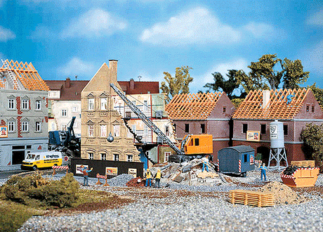 Townhouse Under Demolition w/Excavator - Painted/Weathered Model - Kit -- 8-1/2 x 4-1/2 x 6"  21.5 x 11.5 x 15.2cm