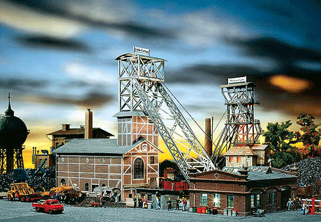 Coal Mine Head-Gear w/Mine Shaft & Winch House w/Utility Shed & Oil Tank -- 52 x 20 x 31cm