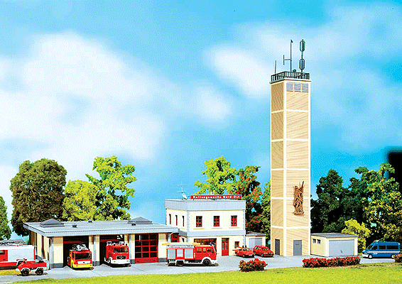 Fire Station: Commanders Bldg, 3-Stall Garage Annex, 2 Garages, Obsrvtn Towe -- 17-3/8 x 8-1/4 x 15-23/64"  44.1 x 21 x 39cm