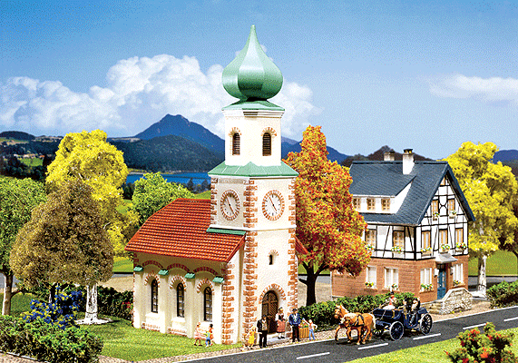 Village Church, Era II, Assembled -- 5-3/16 x 2-13/16 x 9"  13.1 x 7.2 x 22.8cm