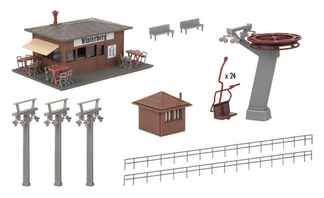 Chairlift/Ski Lift -- Kit - 24 Chairs, Ticket Kiosk, 4 Chair Supports, Small Shed, Details-2