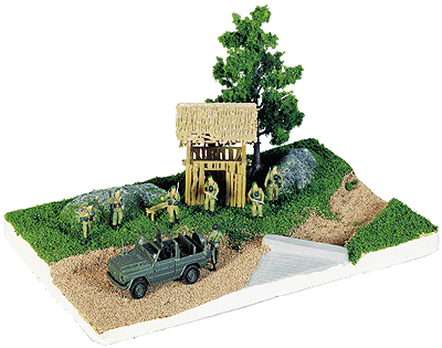 Military - Shelter Diorama Set/Kit -- 7 Unpainted Figures, Vehicle, Hut, Trees, Ground Cover & Base
