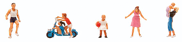 Young Family -- Woman w/Baby, Girl, Boy & Girl on Scooter, Man, Girl w/Ball
