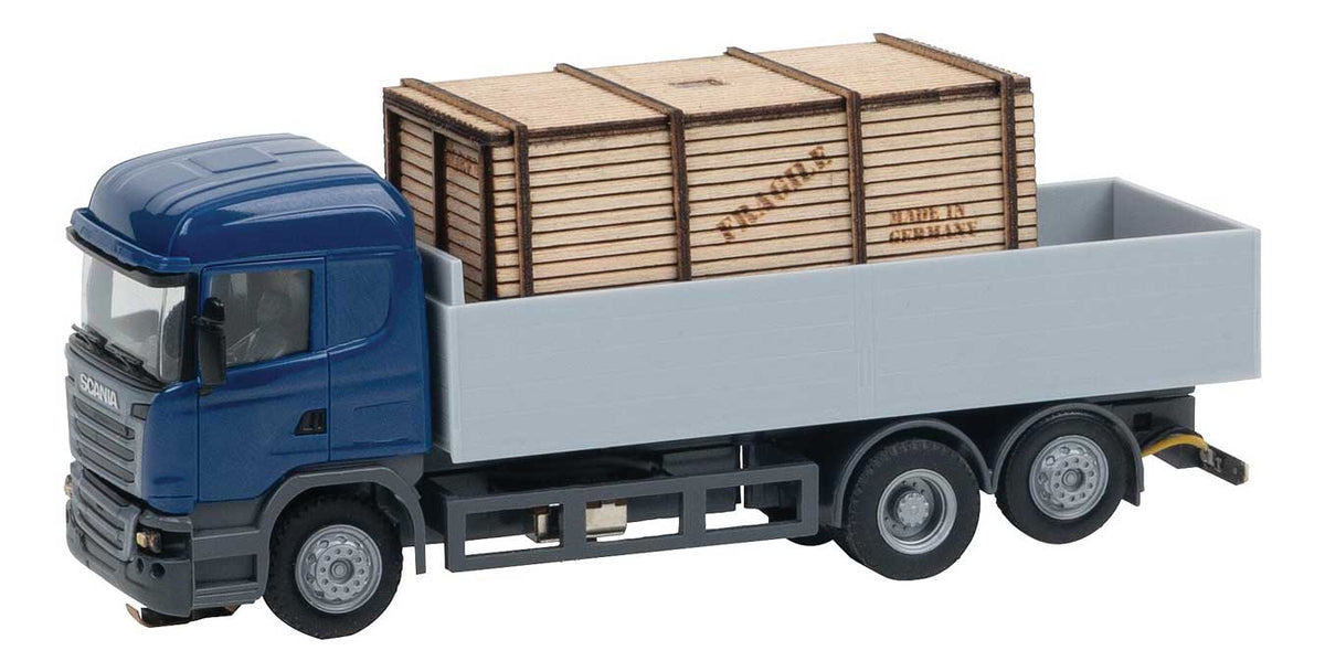 Scania R 13 HL Flatbed Truck with Wooden Box Load - Powered - Car System Digit -- Blue, Gray