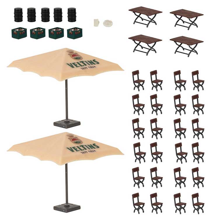 Beer Garden Set -- Veltins - 2 Umbrellas, 4 Tables, 24 Chairs, 4 Crates, 5 Barrels-2