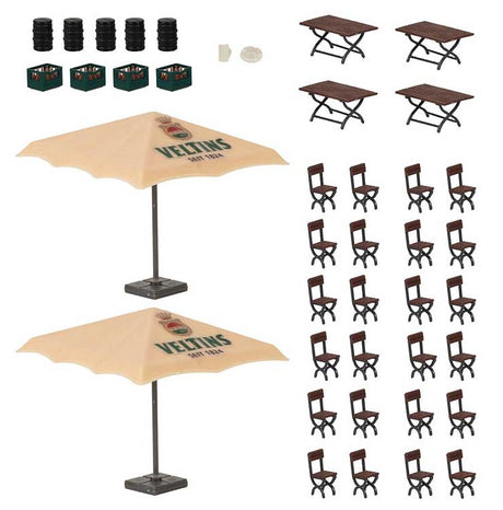 Beer Garden Set -- Veltins - 2 Umbrellas, 4 Tables, 24 Chairs, 4 Crates, 5 Barrels-2