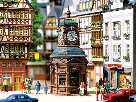 Four-Face Clock Tower with Newsstand -- 2 x 2"  5.2 x 5.2cm