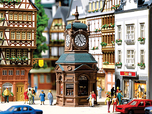 Four-Face Clock Tower with Newsstand -- 2 x 2"  5.2 x 5.2cm