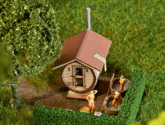 Barrel-Shaped Sauna House -- Laser-Cut Card Kit - 1-13/16 x 1-5/16 x 1-15/16"  4.6 x 3.4 x 4.9cm