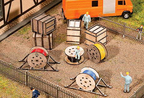 Wood Crates & Cable Reels - Kit (Laser-Cut Wood) -- 4 Crates, 4 Reels, 2 Reels w/Support/Transport Bracing