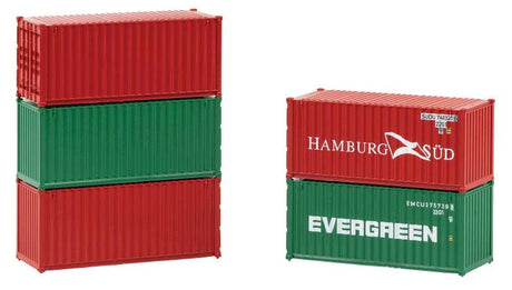 20' Corrugated Container 5-Pack - Assembled -- Hamburg Sud, Evergreen, 2 Unlettered (red), Unlettered (green)-2