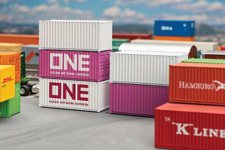 20' Corrugated Container 5-Pack - Assembled -- ONE Ocean Network Express (1 Each: white, pink); 2 Unlettered (white), Unlet-1