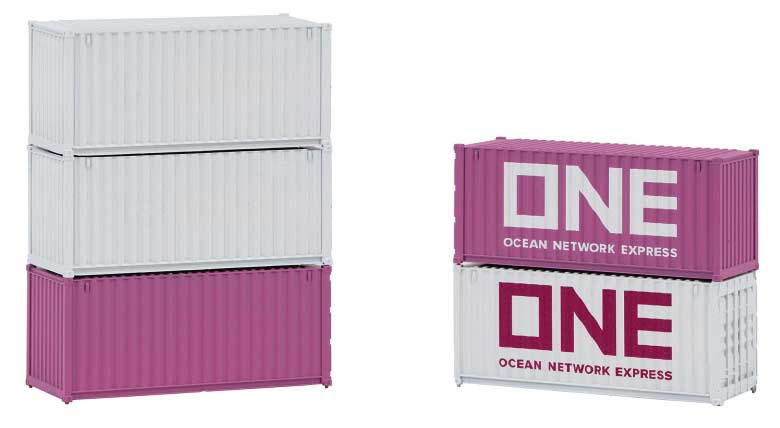 20' Corrugated Container 5-Pack - Assembled -- ONE Ocean Network Express (1 Each: white, pink); 2 Unlettered (white), Unlet-2